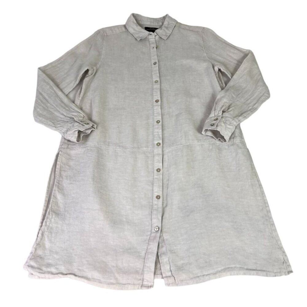 Tahari Tunic Shirt Womens Size Small Linen Long Sleeve Tan Grey Button Split Hem